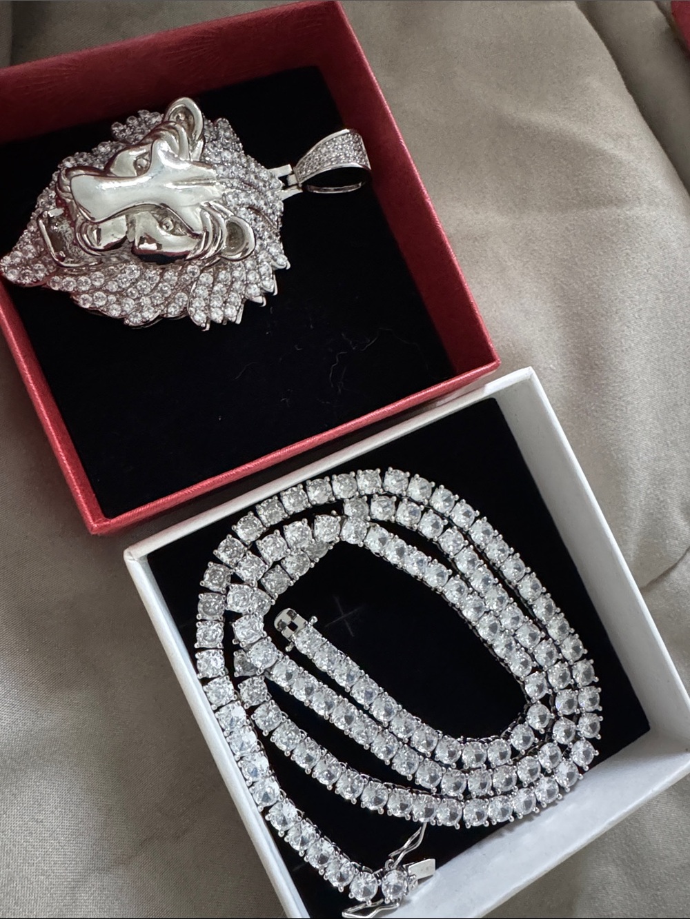 Silver Lion Head Pendant and Tennis Chain Necklace Set - Silver plated with CZ